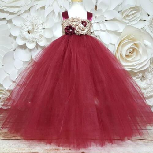 Girls Burgundy Vintage Flower Tutu Dress Kids Crochet Tulle Strap Dress Long Ball Gown Children Birthday Party Costume Dresses