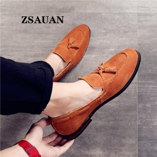 ZSAUAN Semi-formal Suede British Men Dress Shoes Tassel Pointy Men Flats Elegant Wedding Party Big Size Loafers Dropshipping
