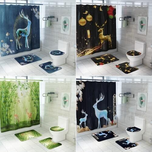 Merry Christmas Shower Curtain Set Elk Forest Fawn Deer Anti Slip Pads Toilet Cover Bathroom Rug Sets Bath Curtains with Hooks