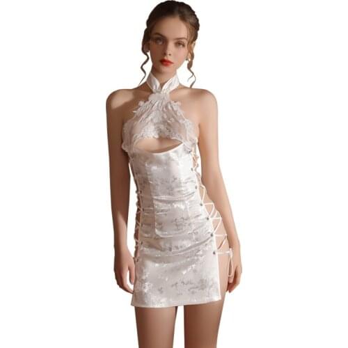 Sexy Cosplay Chinese Traditional Dress for Women Gothic Punk Mini Devil White Cheongsams Party Fashion Solid Color Lace Satin