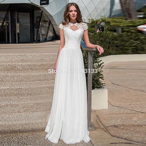 A Line Boho Chiffon Wedding Dresses 2020 Lace Applique High Neck Short Sleeves Bridal Gowns Corset Back Floor Length Bride DresS