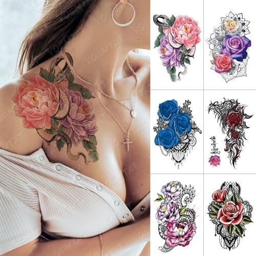 Waterproof Temporary Tattoo Sticker Snake Peony Lace Flash Tattoos Rose Flower Body Art Arm Water Transfer Fake Tatoo Women Men