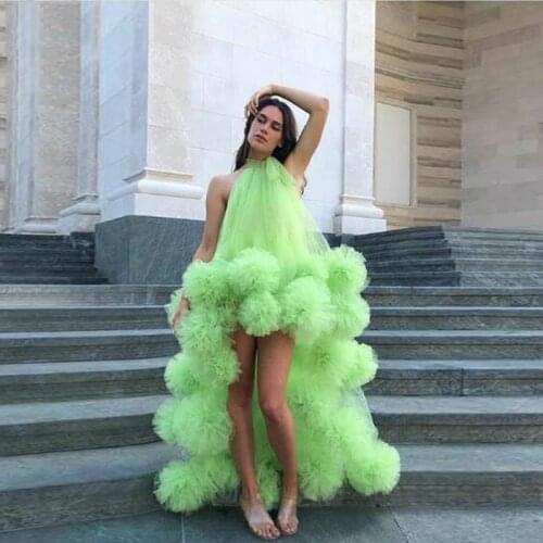 Green Sexy Long Evening Formal Dresses Hi Low Ruffle Tulle Evening Gown Asymmetrical Halter Party Dresses