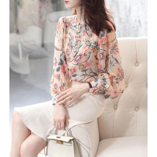 Womens Spring Autumn Style Chiffon Blouse Shirt Womens Printed Button Long Sleeve O-Neck Elegant Loose Tops SP1121
