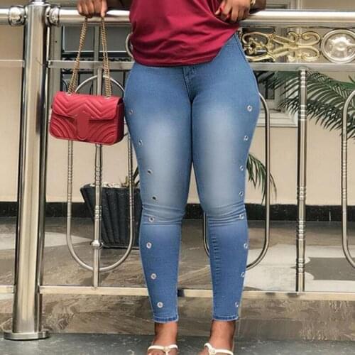 Women Large Size Fashion Bleached High Waist Slim Fit Skinny Jeans Lady Vintage Blue Denim Pencil Pants