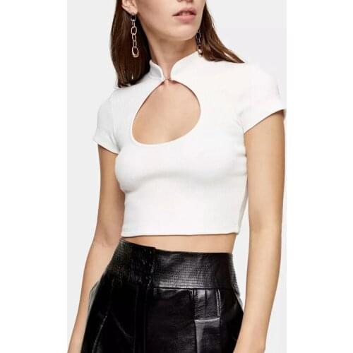 Women Cut Out Front Cotton Spandex Slim Crop Top Sexy Turtleneck Fit Tee A148