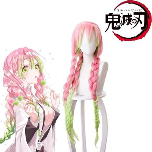 Anime Demon Slayer Kanroji Mitsuri Kimetsu No Yaiba Women Cosplay Wig Green Pink Colorful Hair Braids Hair Cosplay Accessories