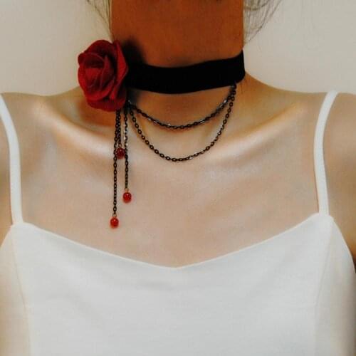 Sexy Gothic Chokers Black Lace Collar Neck Choker Necklace Red Flower Victorian Women Chocker Steampunk Jewelry SALE
