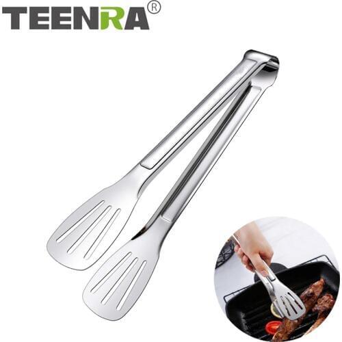 TEENRA 1Pc Stainless Steel Barbecue Utensil Food Tongs Kitchen Cooking Non-Stick BBQ Clip Bread Steak Clip