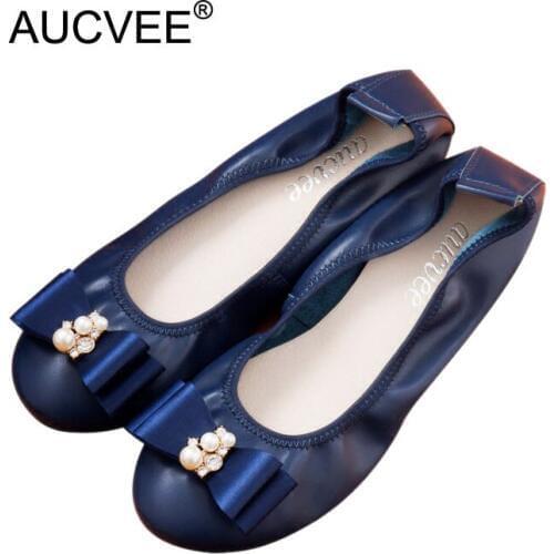 Comfortable Natural Skin Ballet Flats Fashion Round Toe Rhinest Bow Deocration Womens Flats Vintage Cow Leather Mother Flats