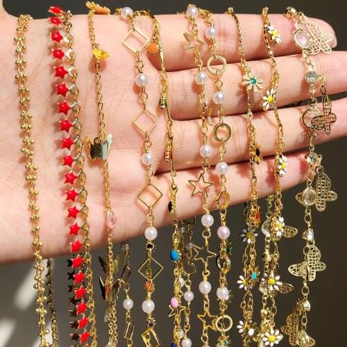 1m Star Butterfly Beads Pearls Gold Color Stainless Steel Chain for Jewelry Making DIY Handmade Necklaces Charms Accessories