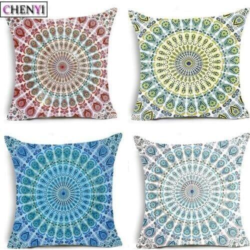 Flower Mandala Decorative Cushion Cover Sofa Home Decor Indian Thailand Buddism Throw Pillow Cover Cotton Linen Pillow Case 45cm
