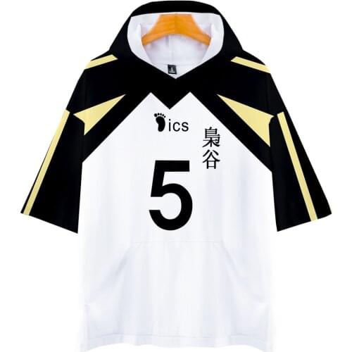 Anime Haikyuu Short Sleeves Hooded T-shirt Men/women Cosplay Costume Fukurodani Academy Volley-ball Team Clothes Print Casual