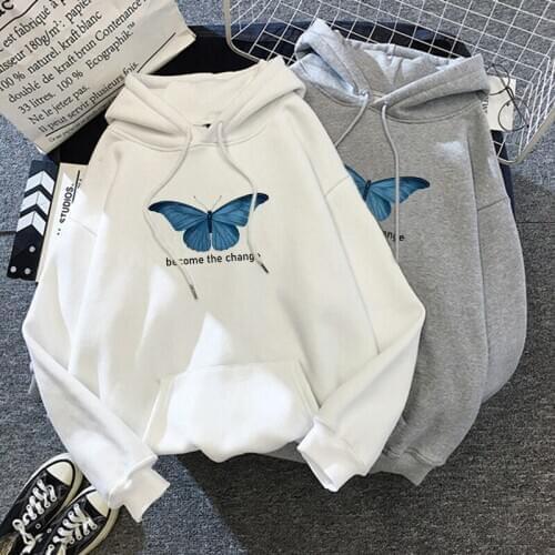 Butterfly Print Hoodies Women Hooded Simple All-Match Leisure Oversize Pullovers Korean Style Warm Kawaii Womens Loose Hoodies
