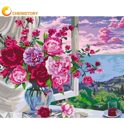 CHENISTORY Flower Diy Paint By Numbers On Canvas Adults Kits With Frame Acrylic Paint Scenery Picture Coloring By Numbers Decor