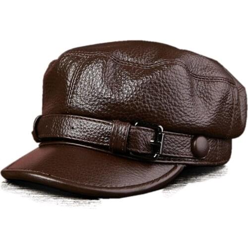 QPALCR Genuine Leather Hat Elegant Cowhide Military Hats For Men Women Personality Hip-hop Caps Snapback Cap Flat Cap Unisex