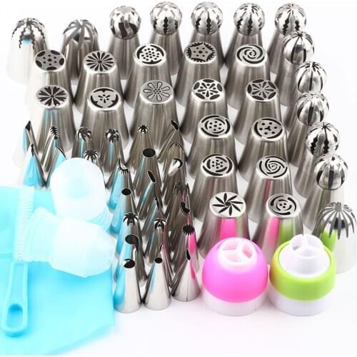 61PCS/Set Icing Piping Stainless Steel 3 Coupler Nozzles Pastry Russian Tips Large Cream Nozzle Pastry 1 Pastry Bag 1 Brush