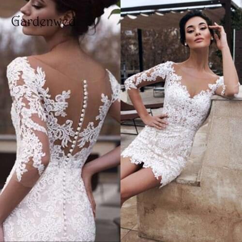 Short Appliques Wedding Dress 2020 Half Sleeves Sheath Bride Dress Scoop Neck Nude Illusion Shoulder Buttons Elegant Bride Gowns