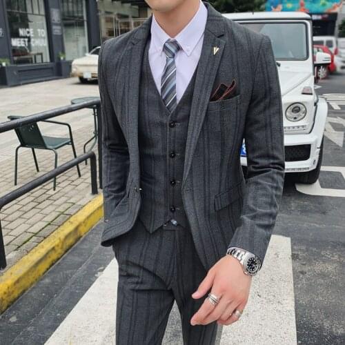 Jacket + Vest + Pants ) male New Fashion Boutique stripe Casual Business Mens Suit Groom Wedding Dress Performance Tuxedo