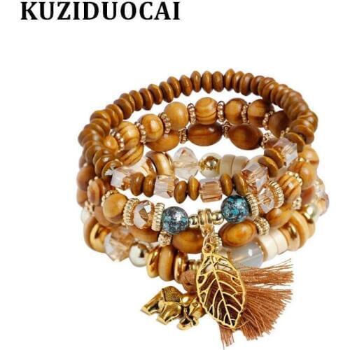 Kuziduocai 2017 New Fashion Fine Jewelry Woody Crystal Stone Leaves Elephant Beaded Tassel Bracelets & Bangles Women Gifts B-121