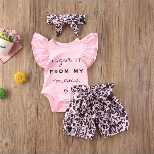 Summer Baby Girls Suit Letter Print Short Ruffle Sleeve RomperLeopard Print Bowknot Shorts Bandage Headband Babys Sets