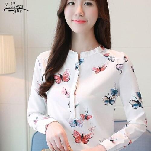 Spring Plus Size Womens Blouses and Tops White Print Ladies Blouse Fashion Flower Safflower Women Tops Long Sleeve Office Shirts