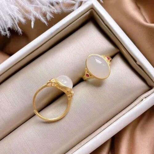 Natural Hetian Jade Ring Womens Retro Ring Chinese Royal Court Style Classical Ring Opening Adjustable Fat Hand Large