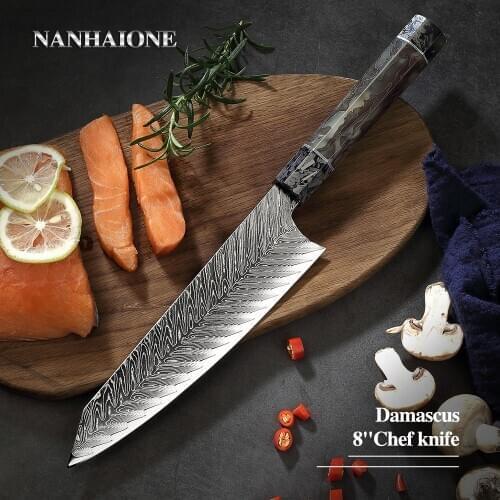 NANHAIONE Chef Knife Damascus Steel Japanese Kiritsuke With New Design Carbon Fiber Fluorescence Resin Octagonal Handle