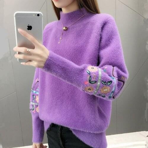 2020 Autumn Winter Sweater Women Wear Thick Warm Embroidered Hlaf Turtleneck Sweater HK387