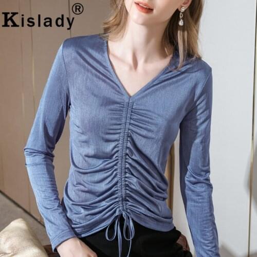 Autumn Winter Long Sleeve V-Neck Fashion Sexy Shirt Elegant OL Plus Size Tops Gothic Shirt Korean Solid Patchwork Fold Clothes