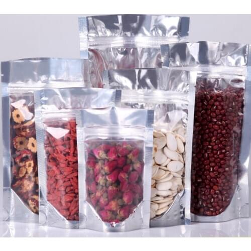 Customizable logo Stand Translucent Aluminium Zipper Packing Bags Front Clear Metallic Mylar Bag Plastic Food Sack 50pcs/lot