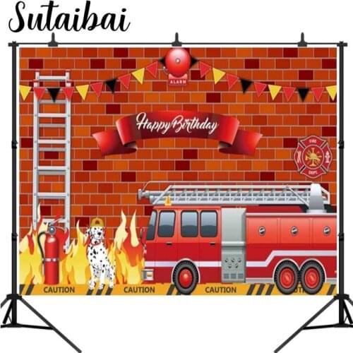 Fire Truck Photozone Red Brick Wall Extinguisher Flag Dog Ladder Caution Warning Banner Happy Birthday Background Cloth