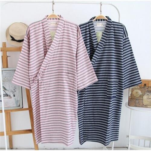 Shanghai Story Men Cotton Kimono Bathrobe with Pockets Robe Cross Striped Printed Sleepwear 2 Color