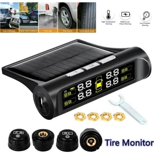 LED Screen Auto Tires Pressure Monitor Black Wireless Solar TPMS LCD Car Tire Pressure Monitoring System + 4 External Sensors