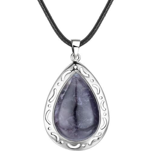 Trendy Silver Plated Water Drop Natural Purple Amethysts Stone Pendant Rope Chain Necklace Fashion Jewelry