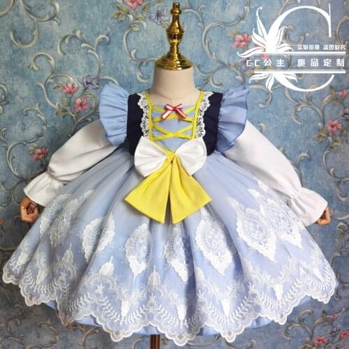 Baby girl vintage Spanish England lolita princess dress kids bow puff sleeve lace stitching ball gown birthday party dress