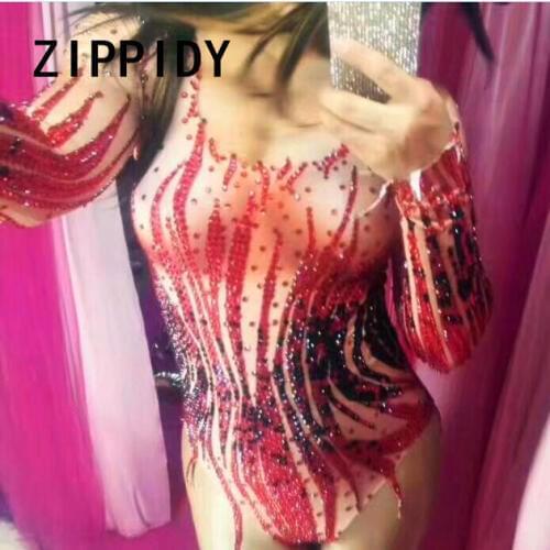 Bright Black Red Rhinestones Sexy Bodysuit Full Stones One-piece Singer Dance Costume Nightclub Prom Birthday Celebrate Leotard