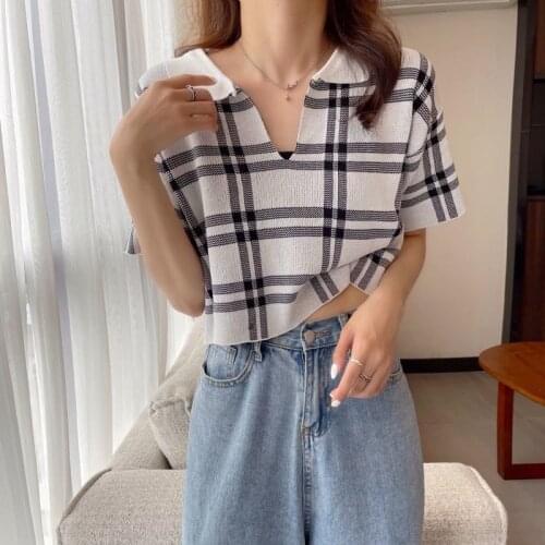 Woman TShirts Striped T-shirt Womens Loose V-neck Short-Sleeved Summer Knitted Top Crop Top Mujer Camisetas