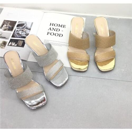 Ladies Shiny Sequins Transparent Crystal Mules Slippers Silver Gold Chunky High Heels Slip On Sandals Square Toe Shoes 2021