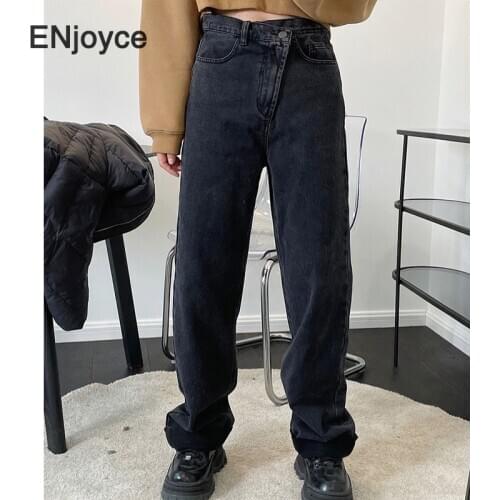 Women Winter Diagonal Button High Waist Straight Jeans Streetwear Loose Wide Leg Warm Fleece Denim Pants Female Fashion Trousers