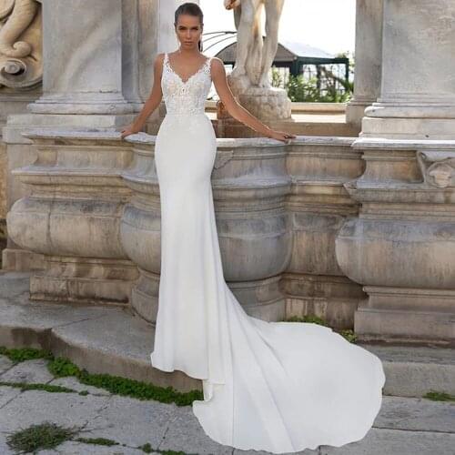 YIWUMENSA Robe De Marriage Women Bride Soft Satin V Neck Bridal Gowns Spaghetti Straps Backless Vintage Mermaid Wedding Dresses