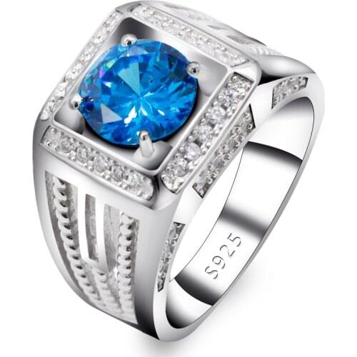 Wedding Rings 925 Sterling Silver Women Men Engagement Love Forever Ring with Sky Blue Cubic Zircon Stone Simple Jewelry Gift