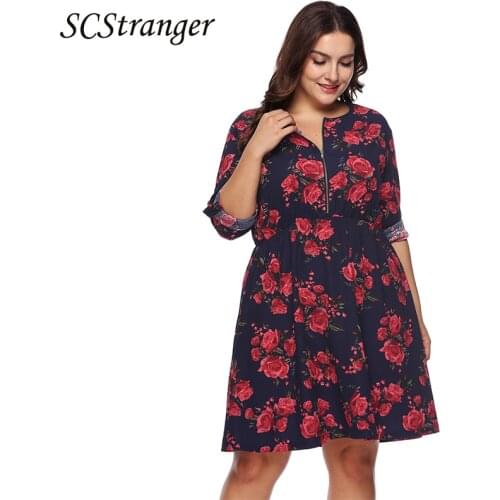 Plus Size Autumn And Winter Plus Size Womens Clothes Printed Waist Controlled Three Quarter Sleeve Zipper Dress For Women