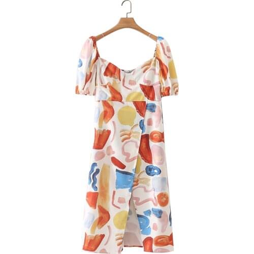 JC·KILIG 2021 European and American Fashion New Womens Graffiti Split Short Sleeve Dress TB21066