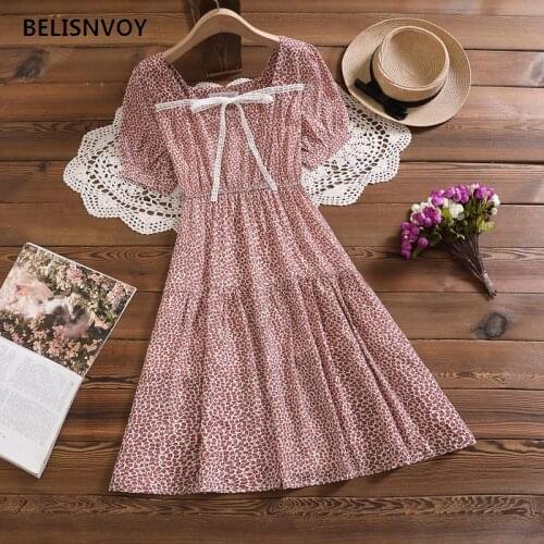 Summer Bohemian Chiffon Dress Floral Printed Vintage Vestidos Women Square Collar Lace Bow Sweet Elegant Fairy Dress Mori Girl