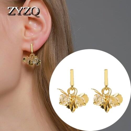 ZYZQ New S925 Needle Simple Flower Women Earrings Metallic Gold Leaf Crystal Earrings Girly Jewelry Accessories 2020