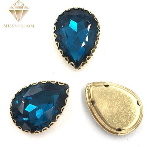 10X14/13x18mm peacock blue water drop gold bottom lacy shape claws glass crystal sew on rhinestones Diy clothing accessories
