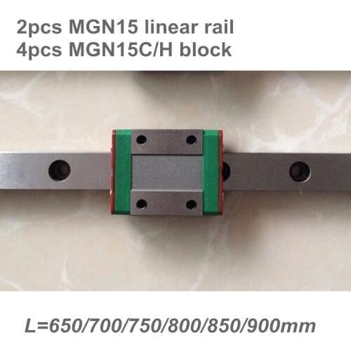 2pcs 15mm Linear Guide MGN15 L=650 700 750 800 850 900 mm miniature linear rail + 4pcs MGN15C or MGN15H Long linear carriage