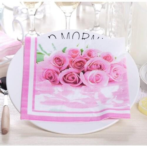 20 Vintage napkin paper tissue print pink flower rose decoupage wedding serviette Anniversary party handkerchief dinner decor