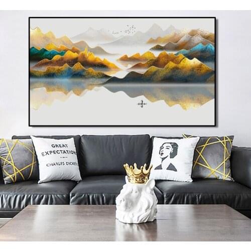 Chinese Style Abstract Landscape Posters and Prints Wall Art Canvas Painting Golden Yellow Mountains Pictures Living Room Decor